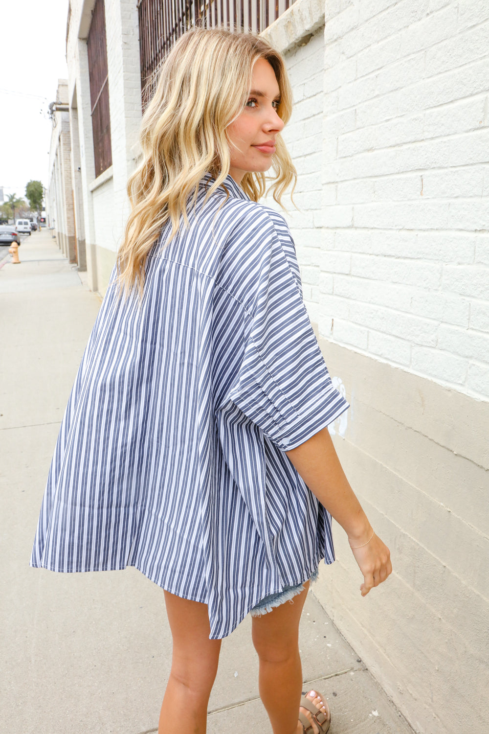Put Together Blue & White Stripe Button-Down Dolman Sleeve Blouse