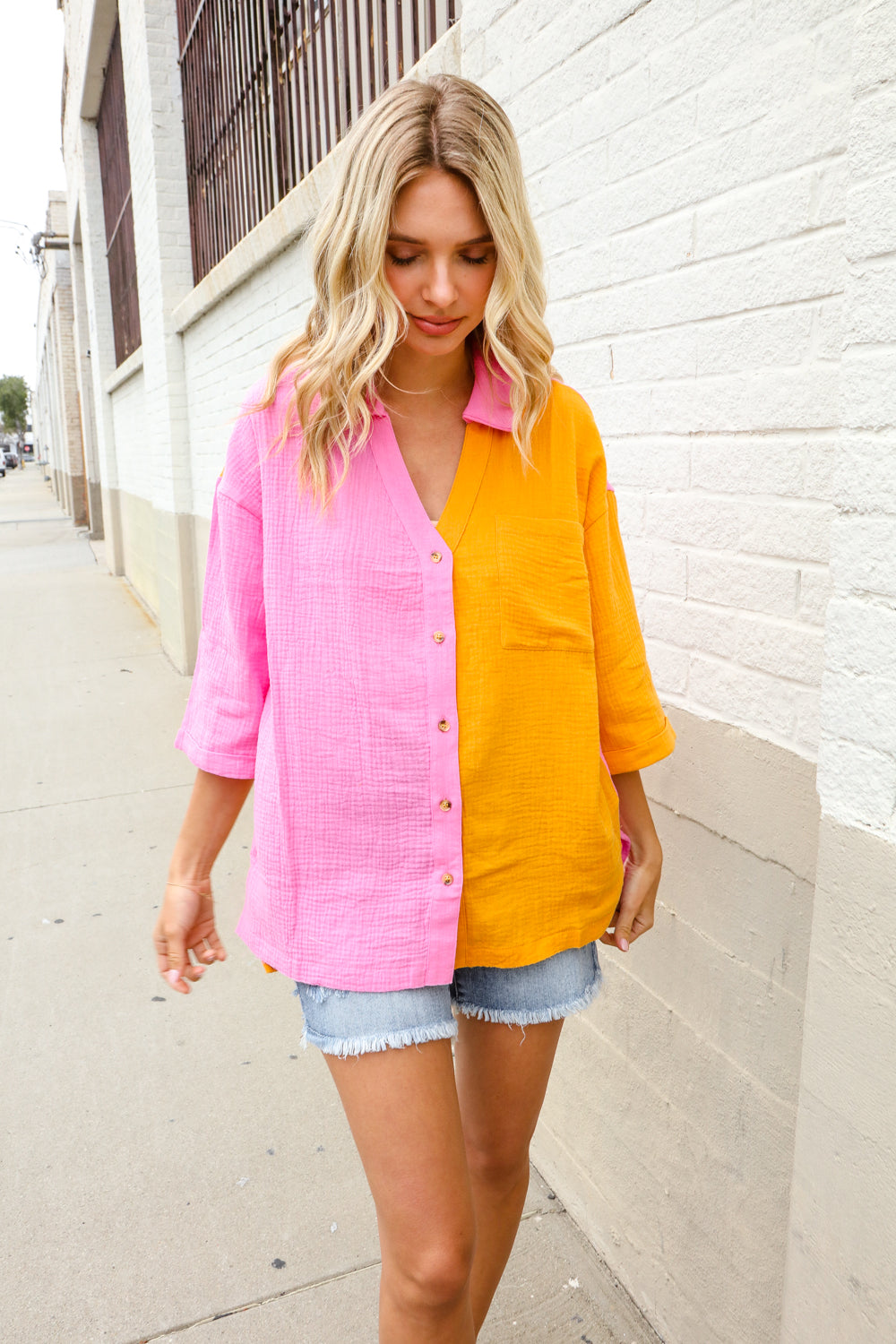 Boldy You Pink & Orange Cotton Color Block Button Down Shirt Top