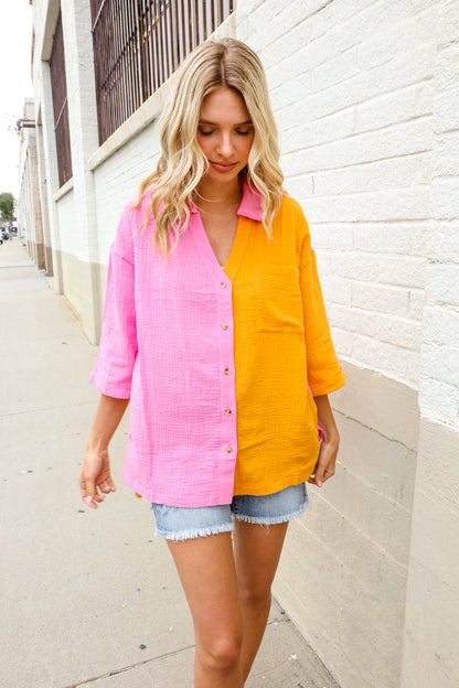 Boldy You Pink & Orange Cotton Color Block Button Down Shirt Top