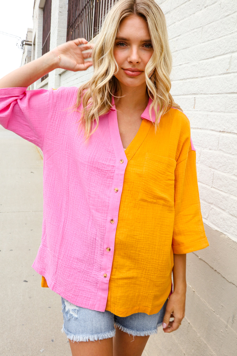 Boldy You Pink & Orange Cotton Color Block Button Down Shirt Top