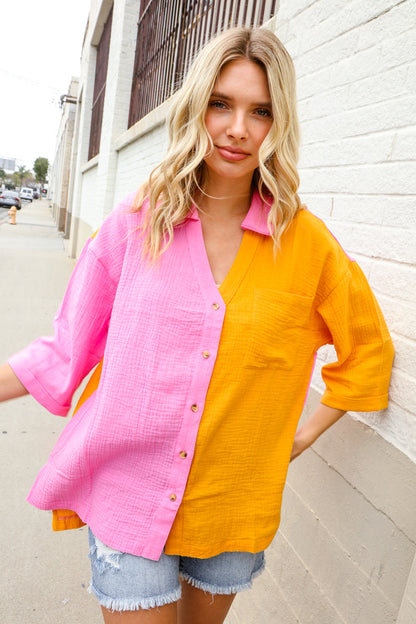 Boldy You Pink & Orange Cotton Color Block Button Down Shirt Top
