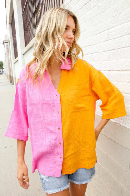 Boldy You Pink & Orange Cotton Color Block Button Down Shirt Top