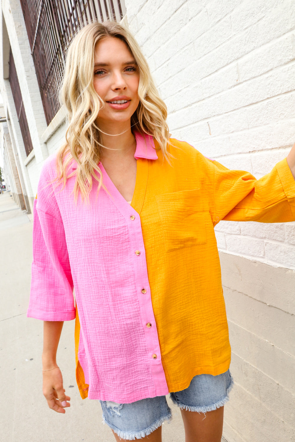 Boldy You Pink & Orange Cotton Color Block Button Down Shirt Top