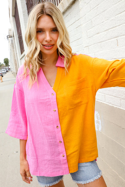 Boldy You Pink & Orange Cotton Color Block Button Down Shirt Top
