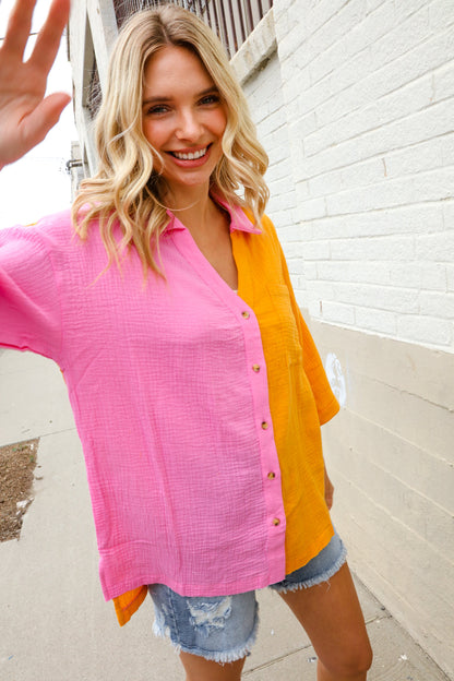 Boldy You Pink & Orange Cotton Color Block Button Down Shirt Top