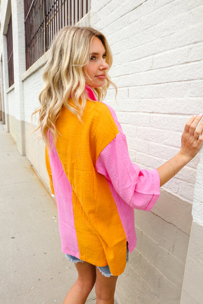 Boldy You Pink & Orange Cotton Color Block Button Down Shirt Top