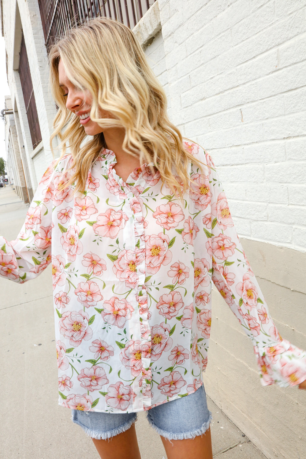 The Feminine Touch Chiffon Button-Down Floral Ruffle Sleeve Blouse