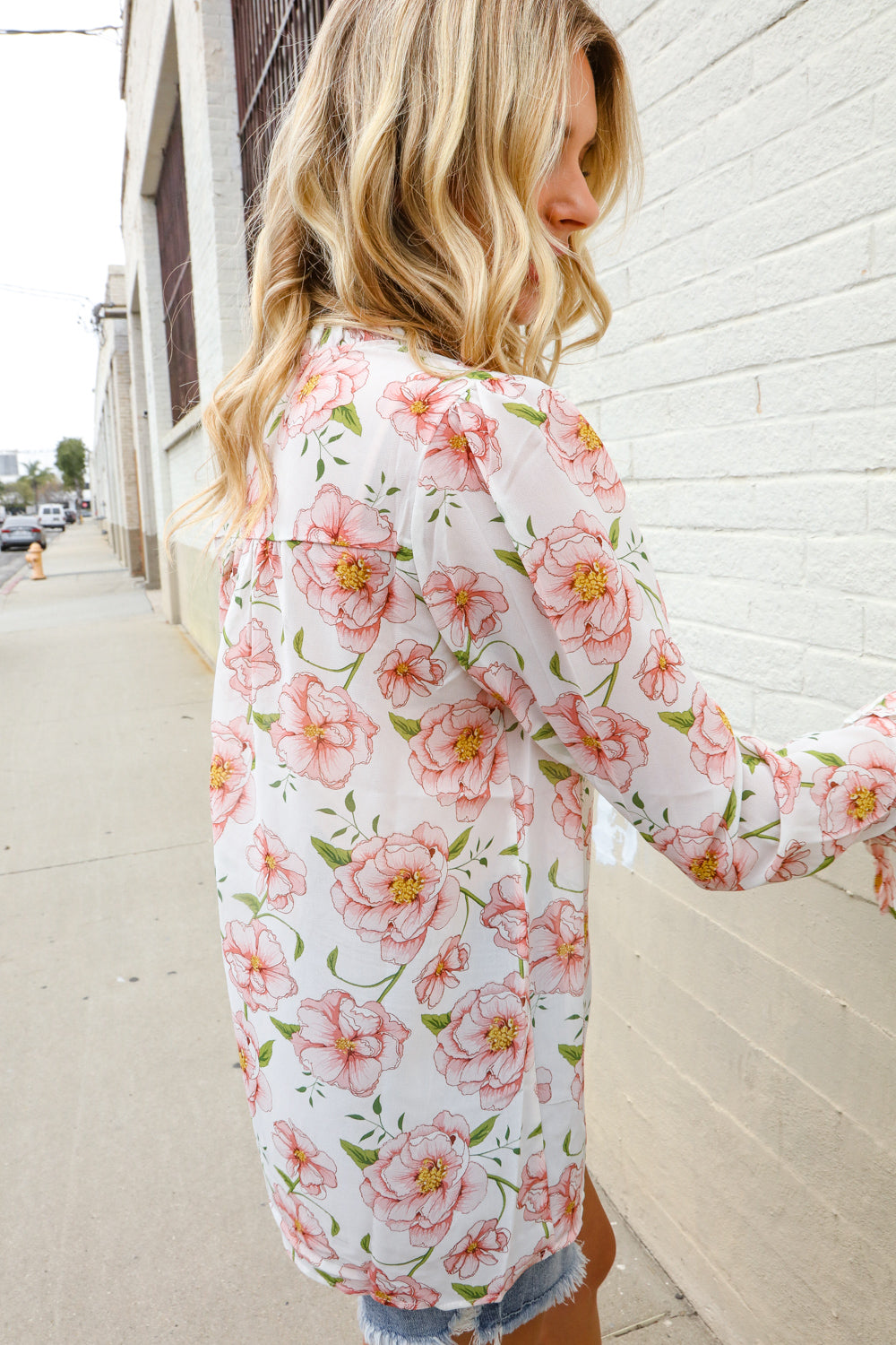 The Feminine Touch Chiffon Button-Down Floral Ruffle Sleeve Blouse