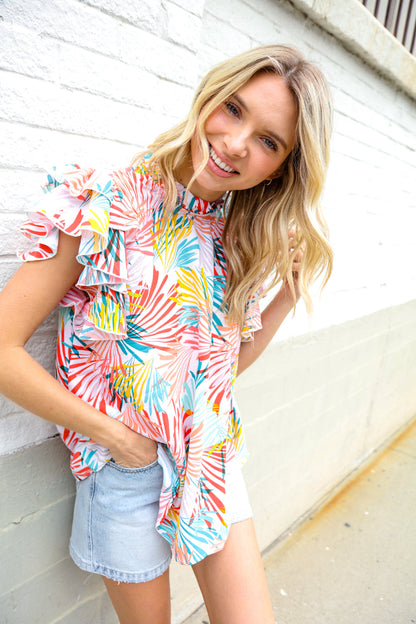 Eyes On You Ivory Abstract Print Frill Neck Double Flutter Sleeve Top