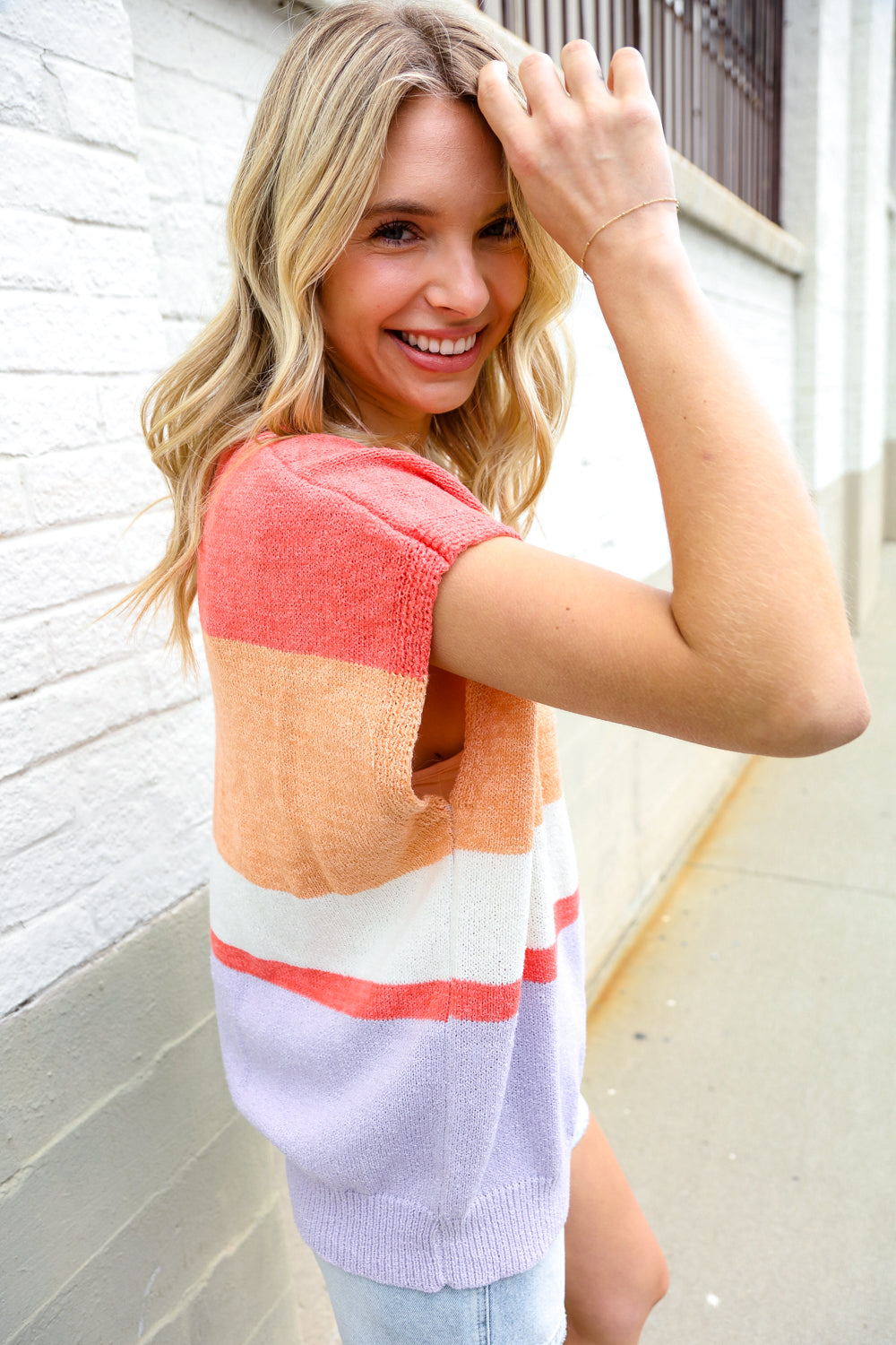 Lock Eyes Coral Notched Neck Drop Shoulder Sweater Top