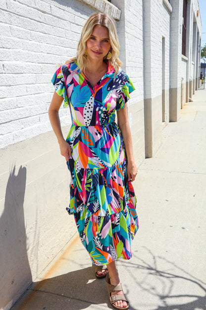 PLUS Feel Your Best Tropical Floral Collar V Neck Midi Dress