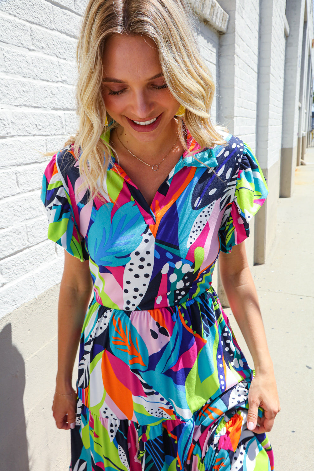 PLUS Feel Your Best Tropical Floral Collar V Neck Midi Dress