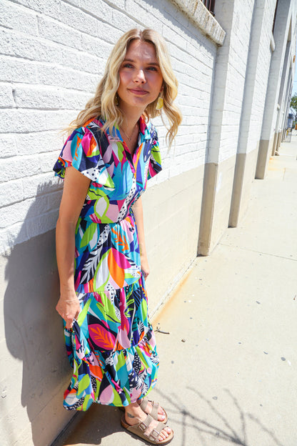 PLUS Feel Your Best Tropical Floral Collar V Neck Midi Dress