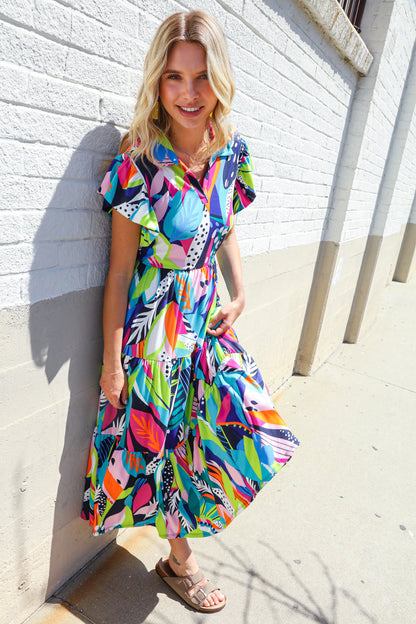 PLUS Feel Your Best Tropical Floral Collar V Neck Midi Dress