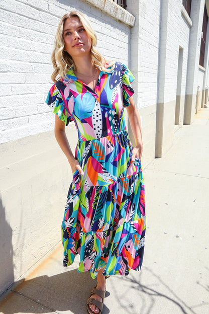 PLUS Feel Your Best Tropical Floral Collar V Neck Midi Dress