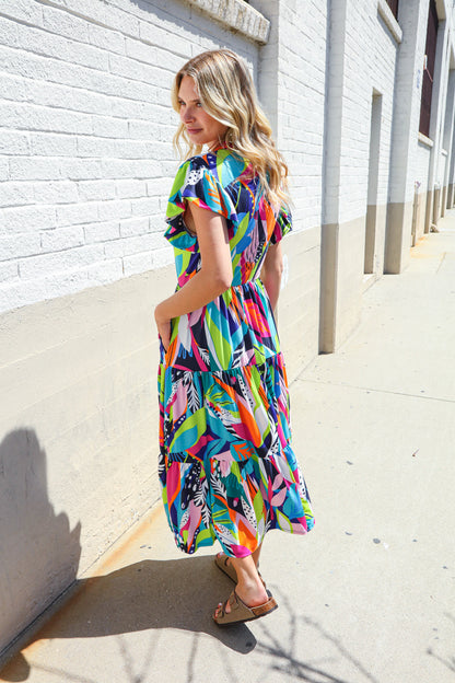 PLUS Feel Your Best Tropical Floral Collar V Neck Midi Dress