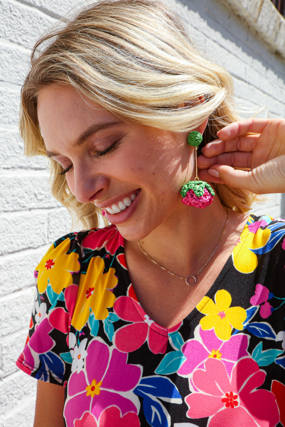 Fuchsia Strawberry Woven Rattan Gold Dangle Earrings