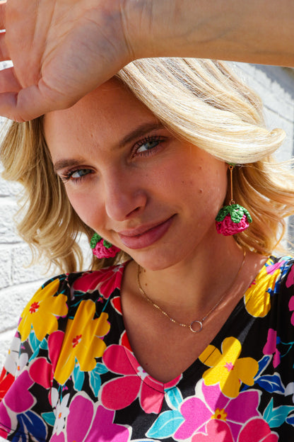 Fuchsia Strawberry Woven Rattan Gold Dangle Earrings