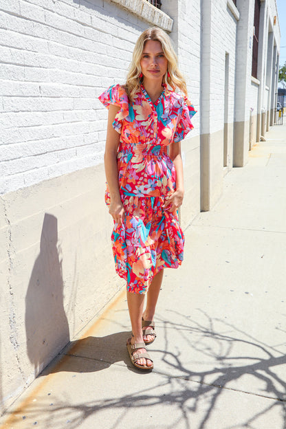 Can't Look Away Coral Flutter Sleeve Smocked Waist Floral Midi Dress