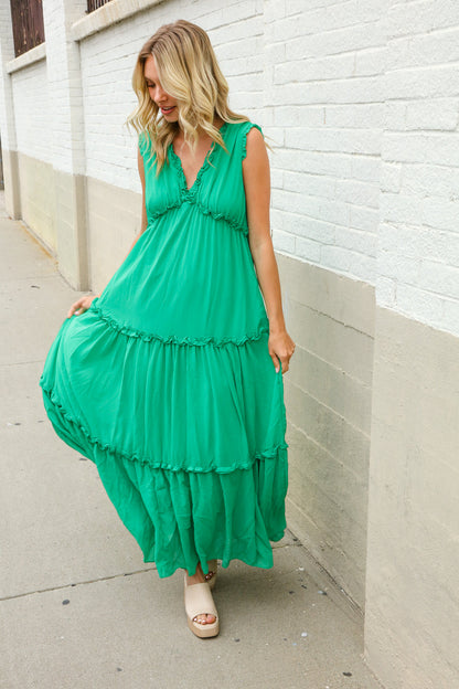 Find Love Green Sleeveless V Neck Frill Ruffle Tiered Lined Maxi