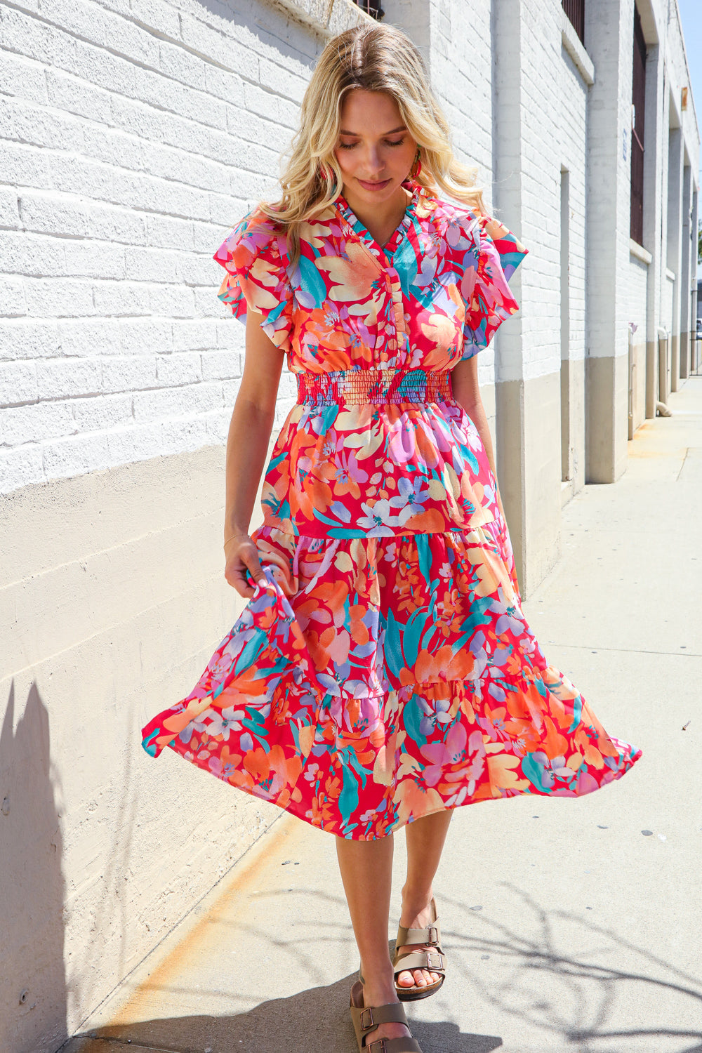 Can't Look Away Coral Flutter Sleeve Smocked Waist Floral Midi Dress