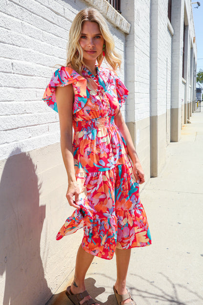 Can't Look Away Coral Flutter Sleeve Smocked Waist Floral Midi Dress