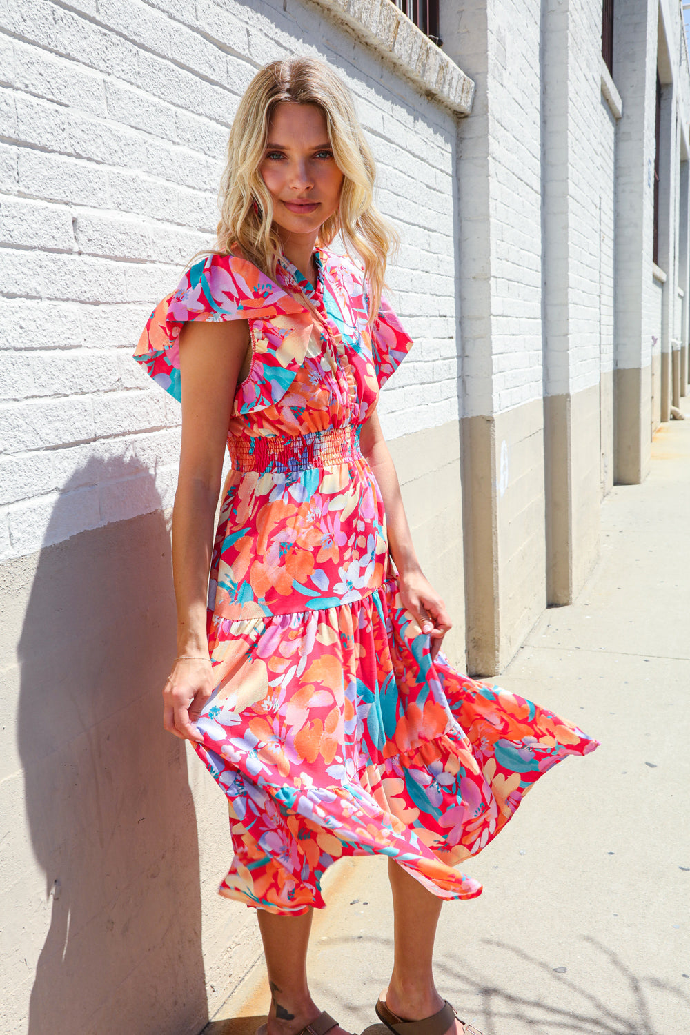 Can't Look Away Coral Flutter Sleeve Smocked Waist Floral Midi Dress