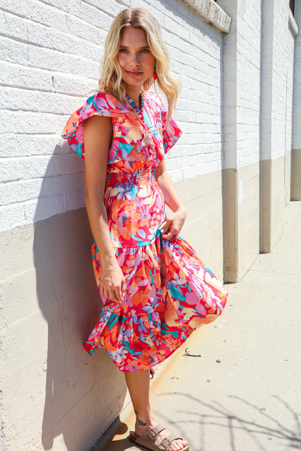Can't Look Away Coral Flutter Sleeve Smocked Waist Floral Midi Dress