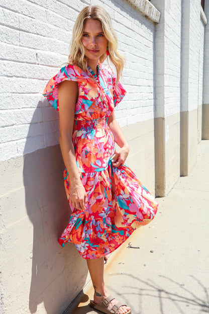 Can't Look Away Coral Flutter Sleeve Smocked Waist Floral Midi Dress