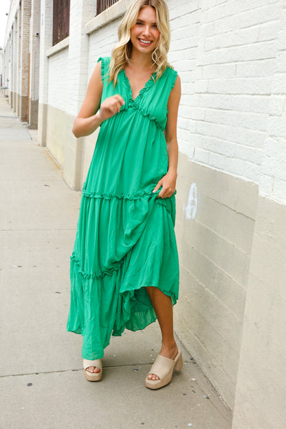 Find Love Green Sleeveless V Neck Frill Ruffle Tiered Lined Maxi