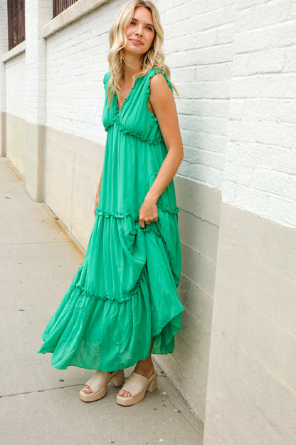 Find Love Green Sleeveless V Neck Frill Ruffle Tiered Lined Maxi