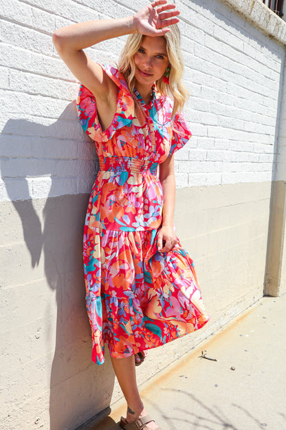 Can't Look Away Coral Flutter Sleeve Smocked Waist Floral Midi Dress