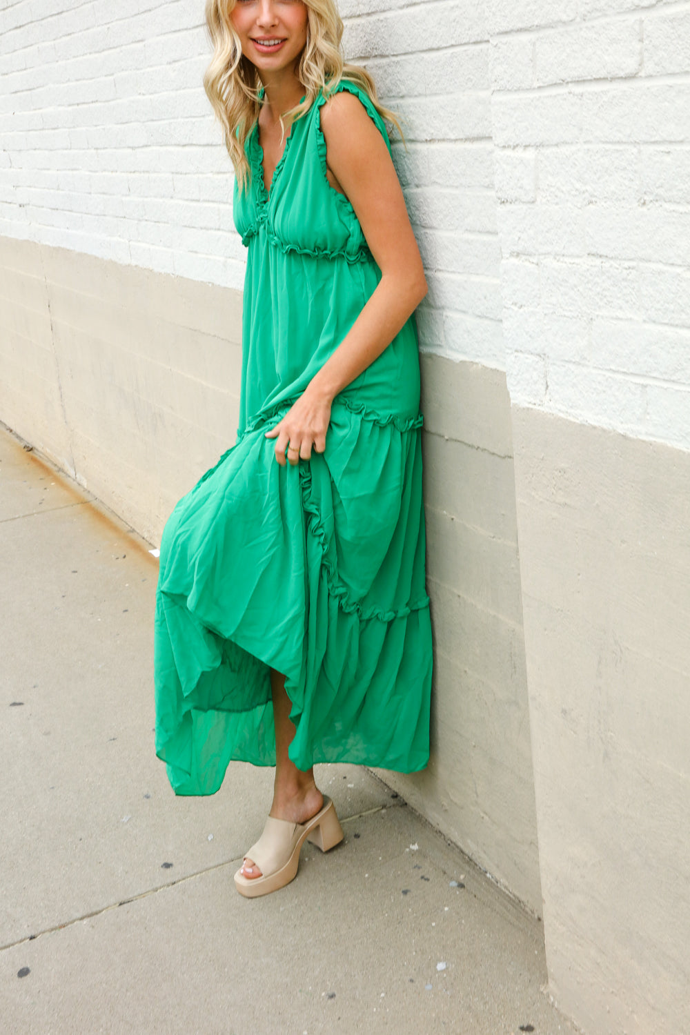 Find Love Green Sleeveless V Neck Frill Ruffle Tiered Lined Maxi