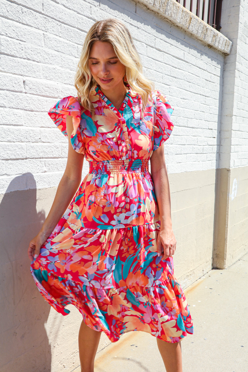 Can't Look Away Coral Flutter Sleeve Smocked Waist Floral Midi Dress