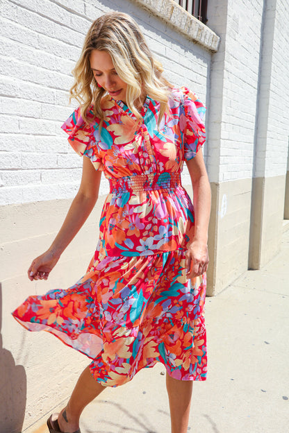 Can't Look Away Coral Flutter Sleeve Smocked Waist Floral Midi Dress