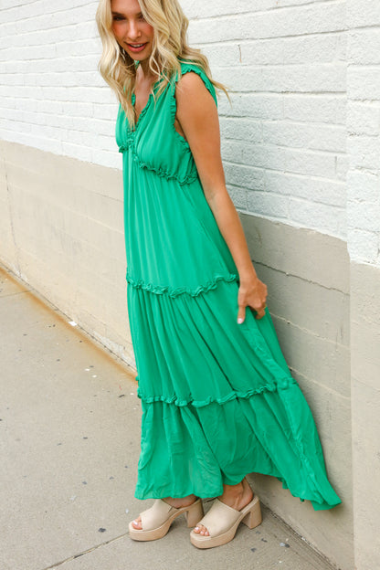 Find Love Green Sleeveless V Neck Frill Ruffle Tiered Lined Maxi