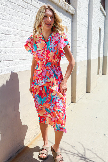 Can't Look Away Coral Flutter Sleeve Smocked Waist Floral Midi Dress
