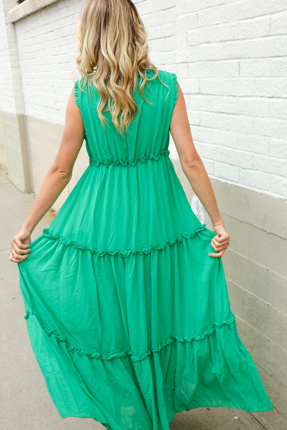 Find Love Green Sleeveless V Neck Frill Ruffle Tiered Lined Maxi