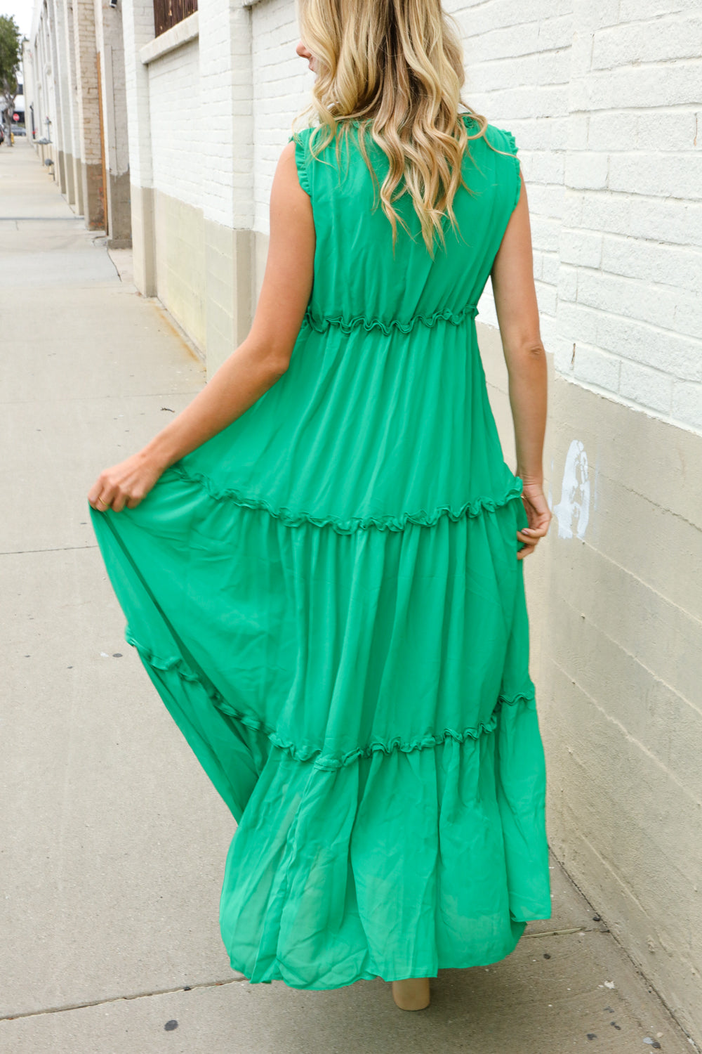 Find Love Green Sleeveless V Neck Frill Ruffle Tiered Lined Maxi