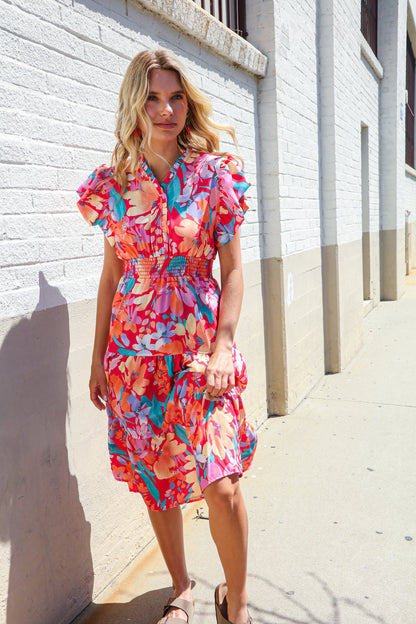 Can't Look Away Coral Flutter Sleeve Smocked Waist Floral Midi Dress