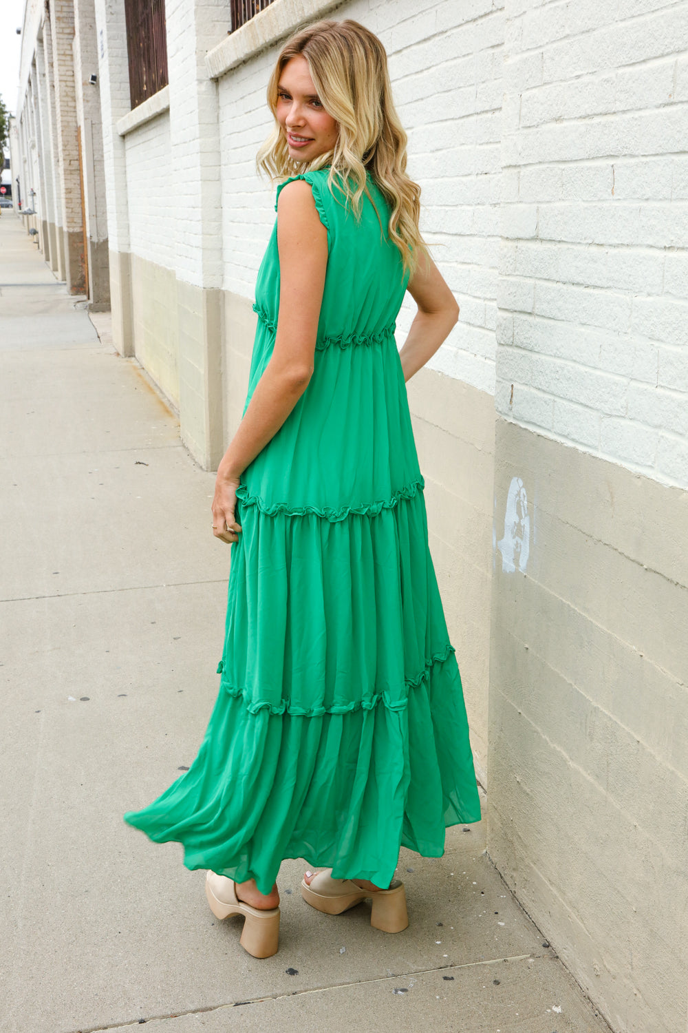 Find Love Green Sleeveless V Neck Frill Ruffle Tiered Lined Maxi