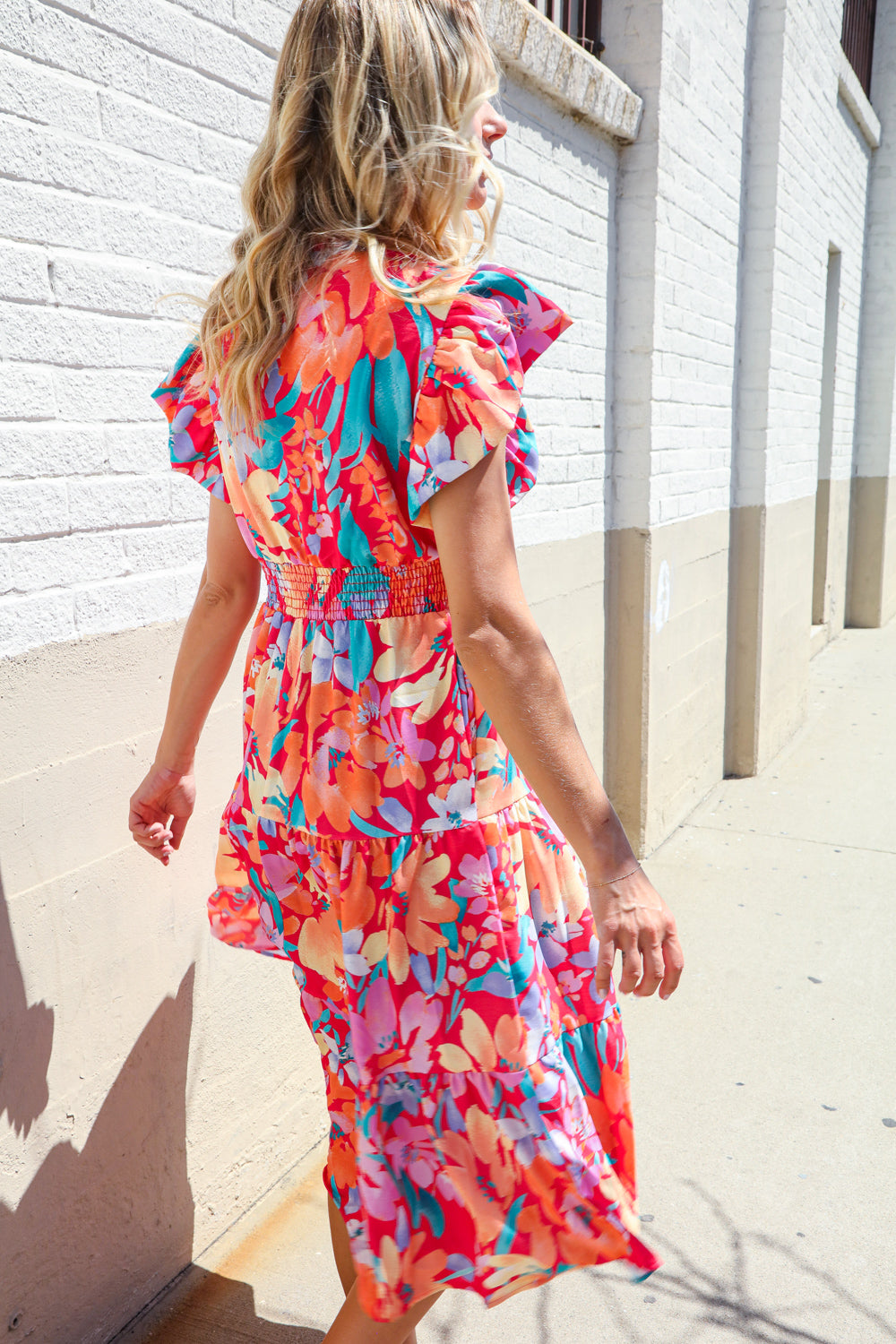 Can't Look Away Coral Flutter Sleeve Smocked Waist Floral Midi Dress