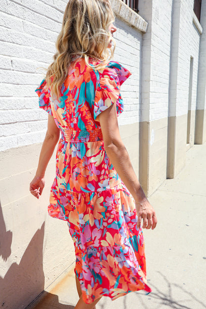 Can't Look Away Coral Flutter Sleeve Smocked Waist Floral Midi Dress