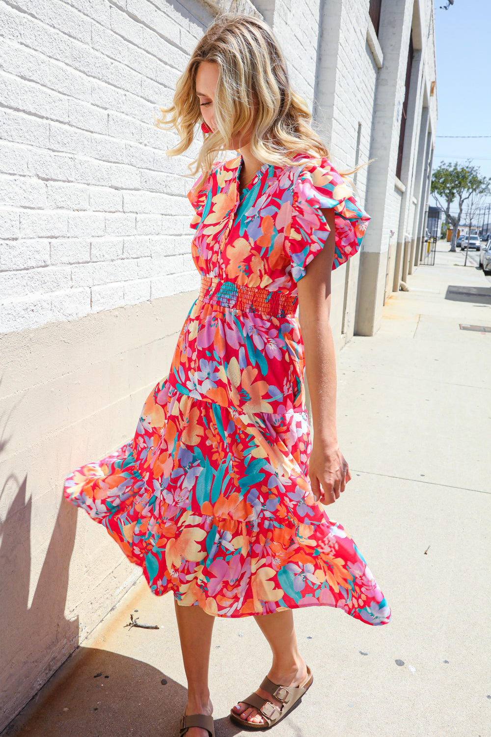 Can't Look Away Coral Flutter Sleeve Smocked Waist Floral Midi Dress