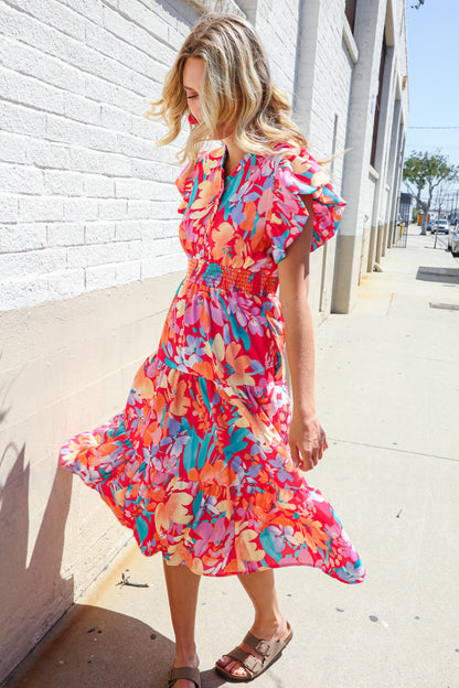 Can't Look Away Coral Flutter Sleeve Smocked Waist Floral Midi Dress