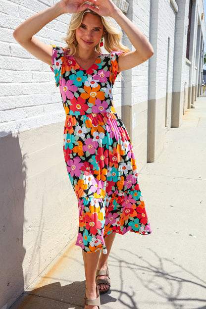 PLUS Feeling Femme Black & Multicolor Floral Print V Neck Midi Dress