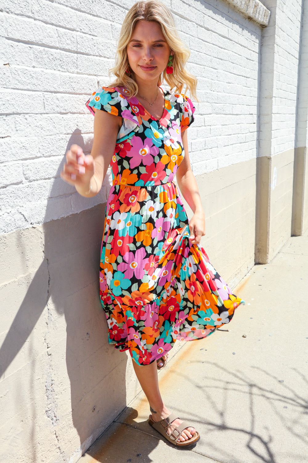 PLUS Feeling Femme Black & Multicolor Floral Print V Neck Midi Dress