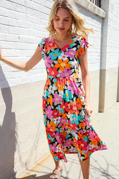 PLUS Feeling Femme Black & Multicolor Floral Print V Neck Midi Dress