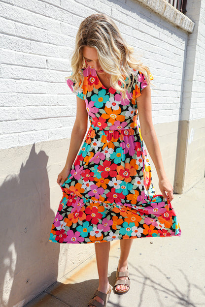 PLUS Feeling Femme Black & Multicolor Floral Print V Neck Midi Dress