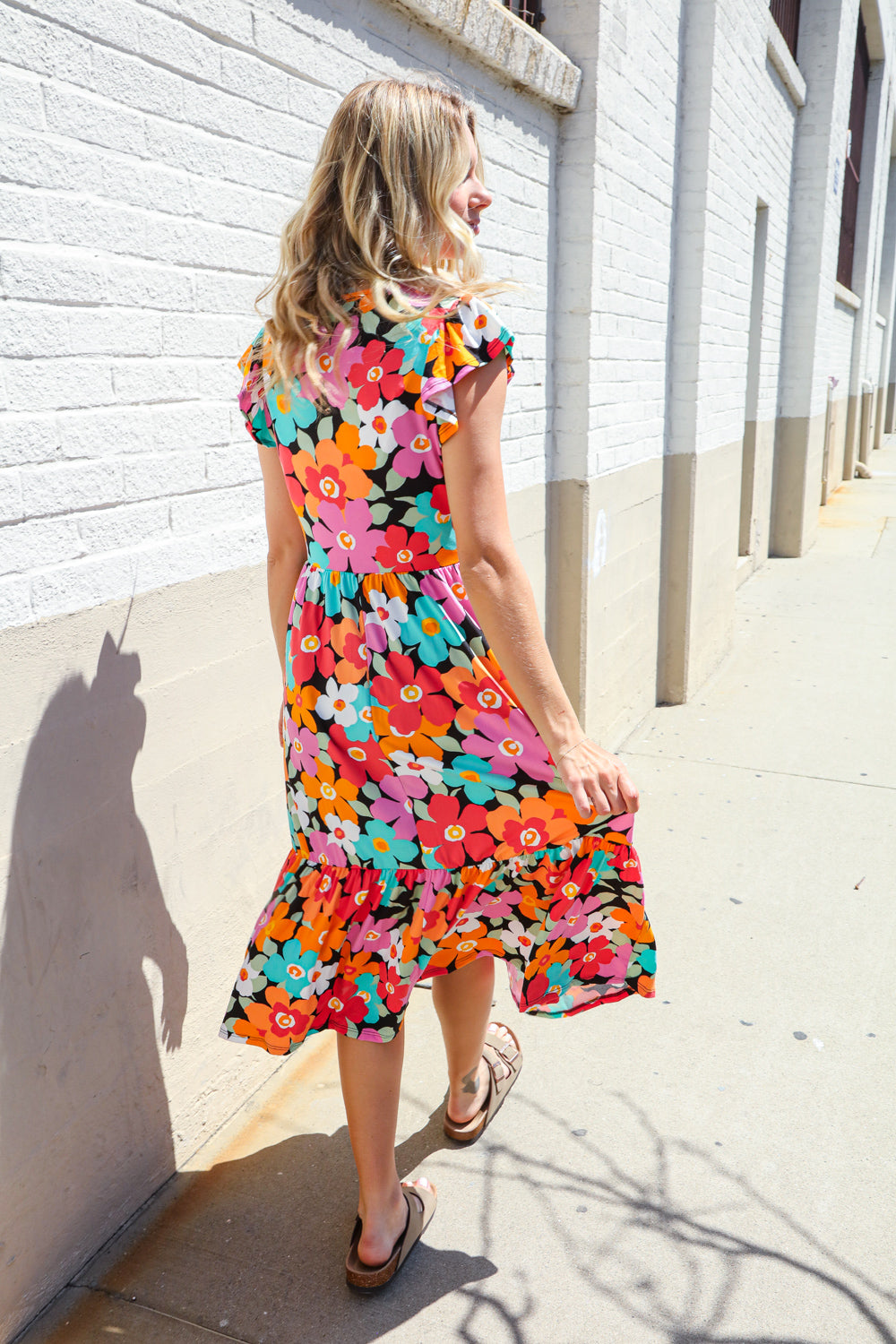 PLUS Feeling Femme Black & Multicolor Floral Print V Neck Midi Dress